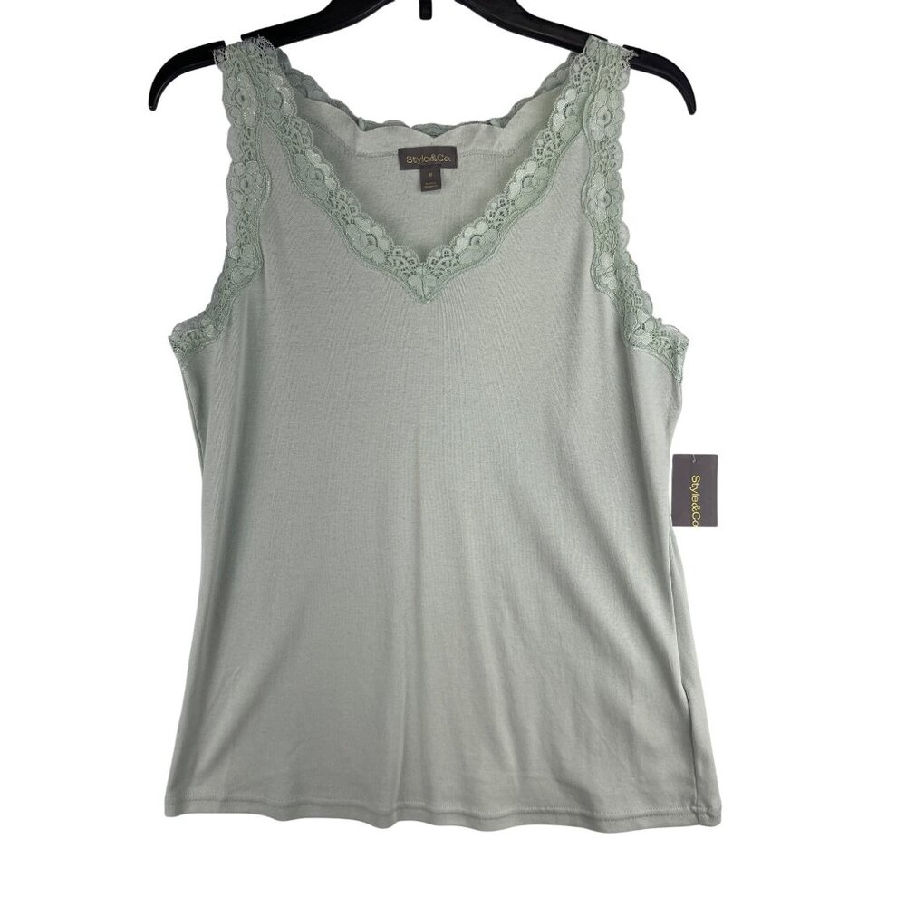 Style & Co Womens Medium Scallop Tank  Enchant Mint V-Neck Lace Trim Cotton Slee